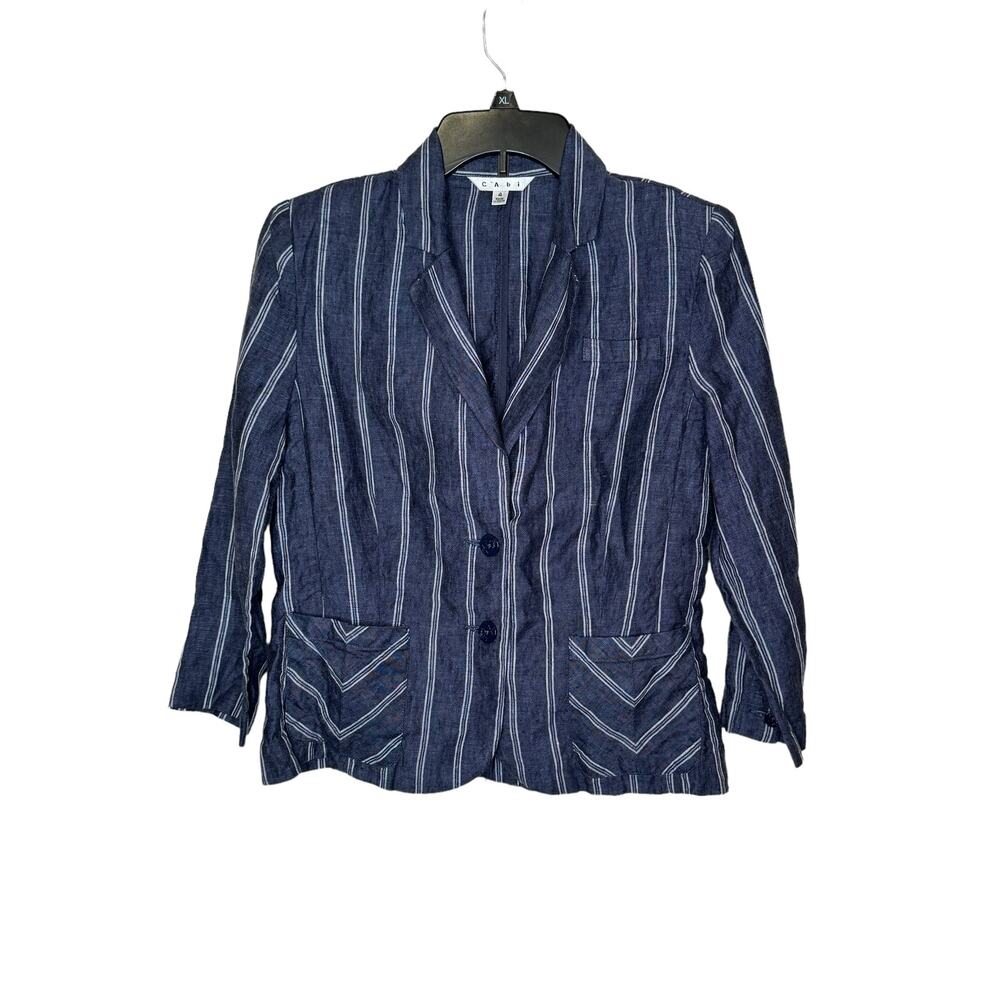 CAbi Womens Jacket Linen Mitered Stripe Nautical Anchor Blazer 3/4 Sleeve Blue 4